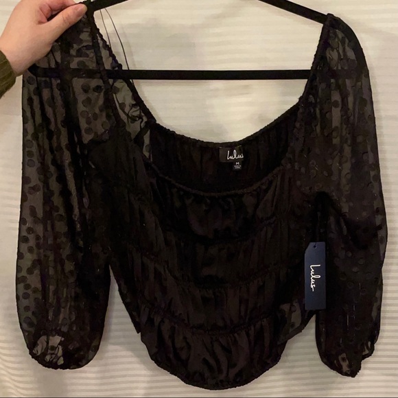 LULUS Black Swiss Dot Smocked 3/4 Top - Picture 2 of 4